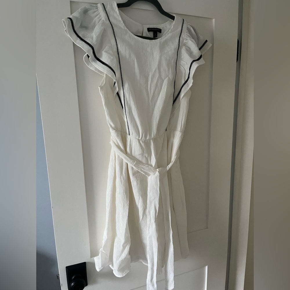 Banana Republic White Mini Dress Black Trim Ruffle Sleeve Tie Waist Size M - Picture 3 of 6